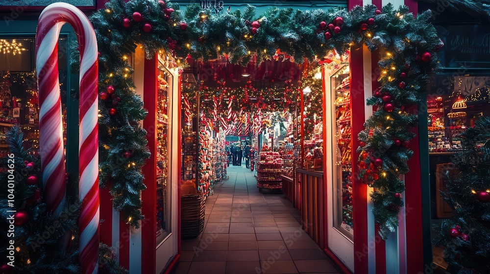 Obraz premium Vibrant Christmas candy shop with oversized candy canes framing the entrance, decorated with festive wreaths and garlands