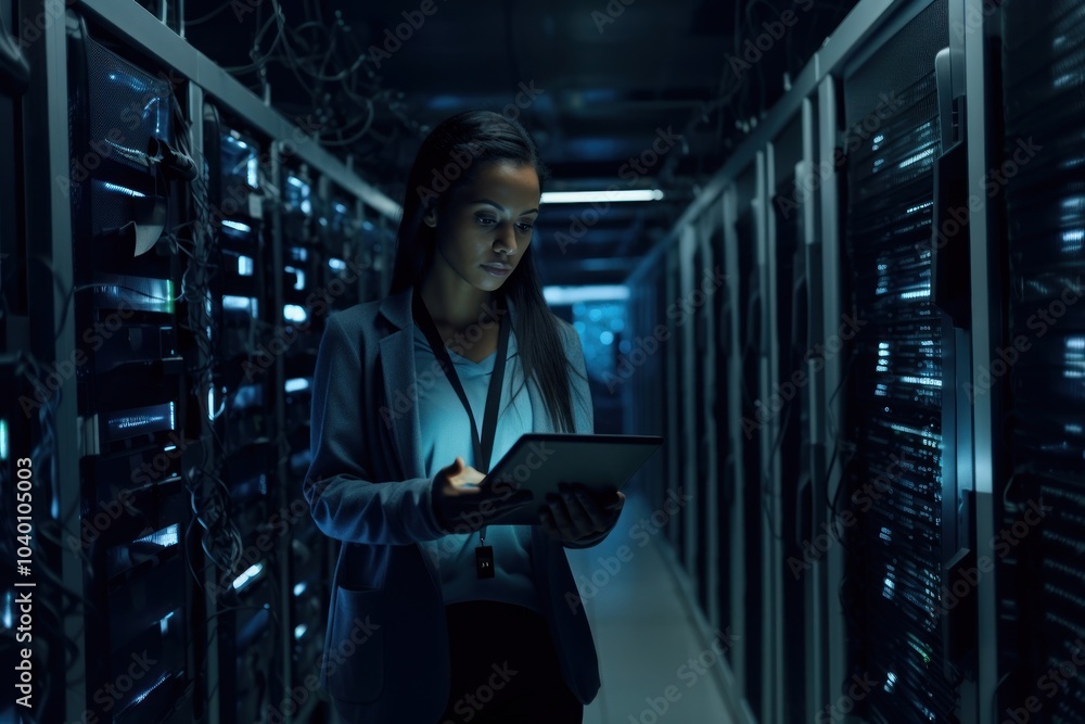 Woman officer using tablet computer standing server. Woman officer using tablet computer standing server.