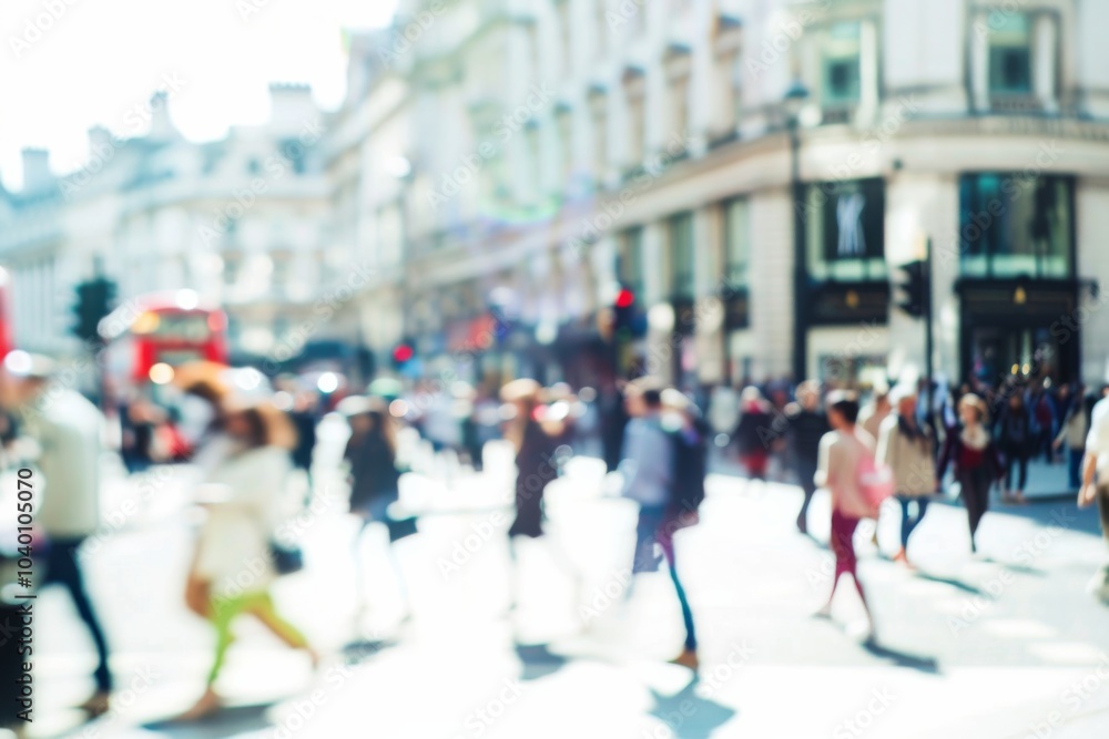 Obraz premium A vibrant crowd of pedestrians crossing a busy street in London, capturing the essence of urban life and movement in the city