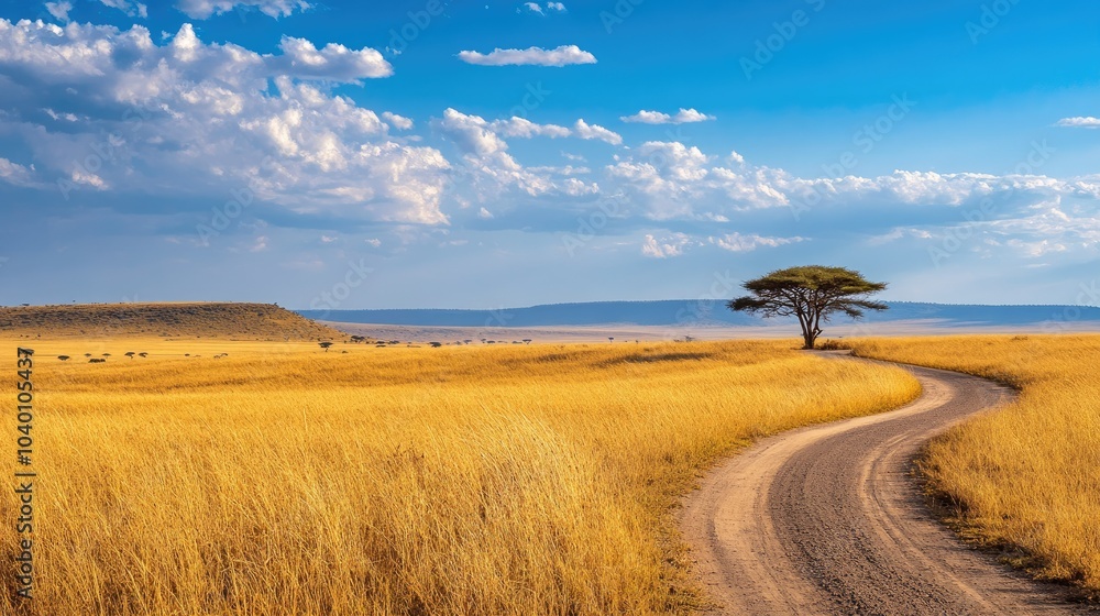 Fototapeta premium A winding road through African plains with copy space in the sky.