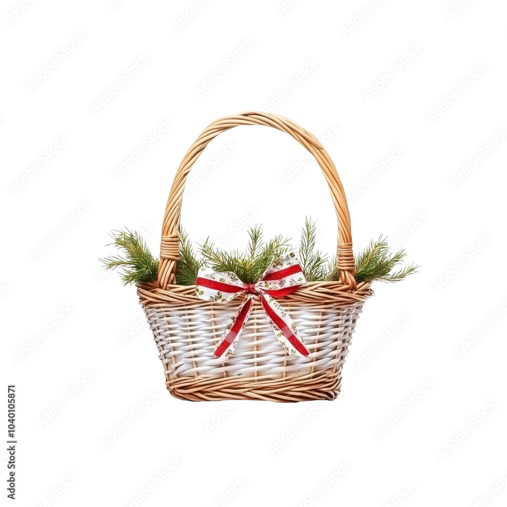 Wicker Basket with Christmas Greens and Red Bow Wicker Basket with Christmas Greens and Red Bow