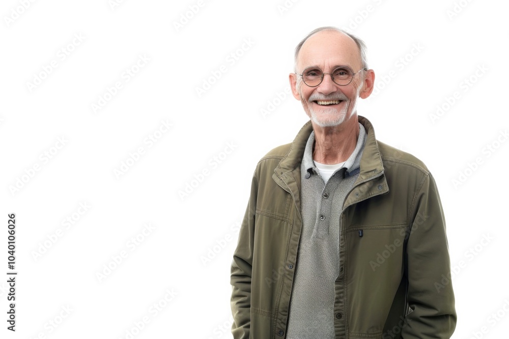 Smiling mature man exudes warmth and wisdom against a bright white background, showcasing a moment of joy and positivity Smiling mature man exudes warmth and wisdom against a bright white background, showcasing a moment of joy and positivity