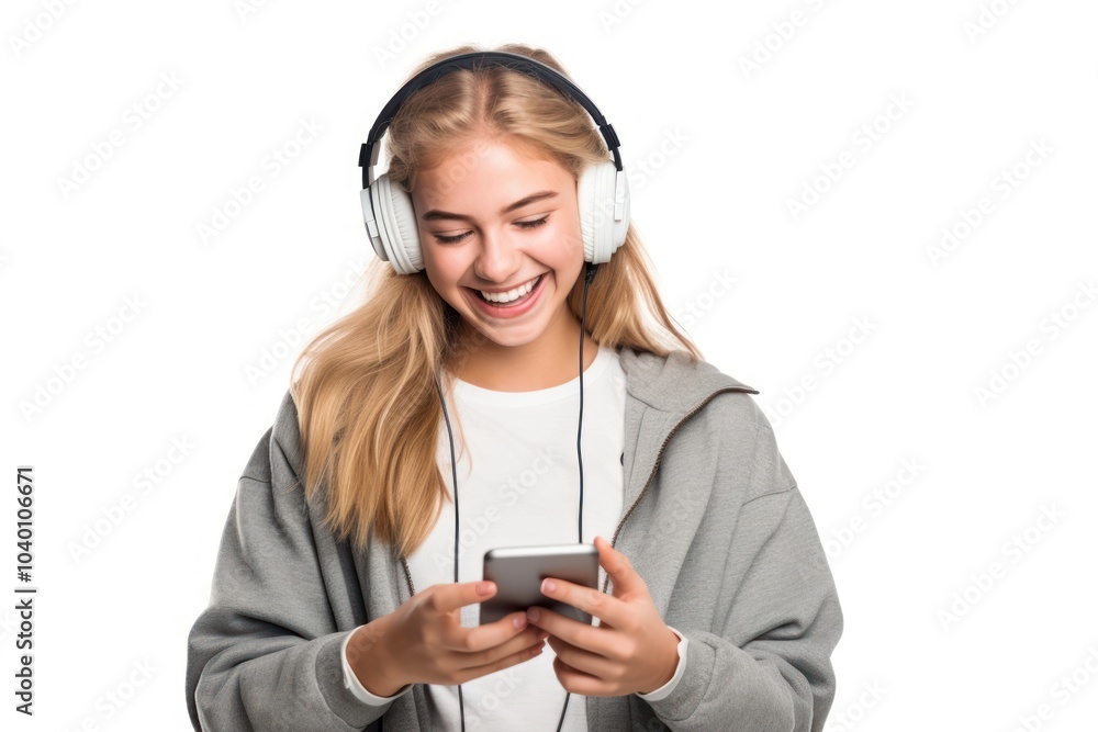 Teenage girl streaming online music on mobile phone headphones headset adult. Teenage girl streaming online music on mobile phone headphones headset adult.