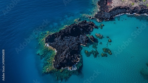 Stunning Drone View of a Volcanic Island with Blue Waters and Lava Rocks