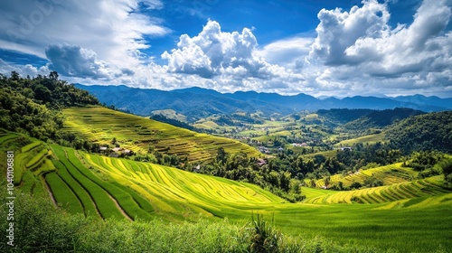 Lush Green Rice Terraces in Mountain Landscape