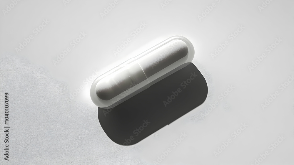 Top View of a Single Capsule Casting a Long Shadow on a Surface, Highlighting Textures and Shapes Top View of a Single Capsule Casting a Long Shadow on a Surface, Highlighting Textures and Shapes