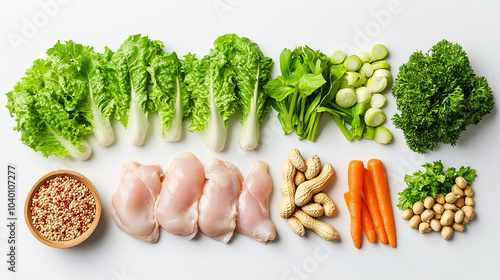 Raw Food ingredients of lettuce, chicken carrots, scallions, peanuts isolated on white background photo