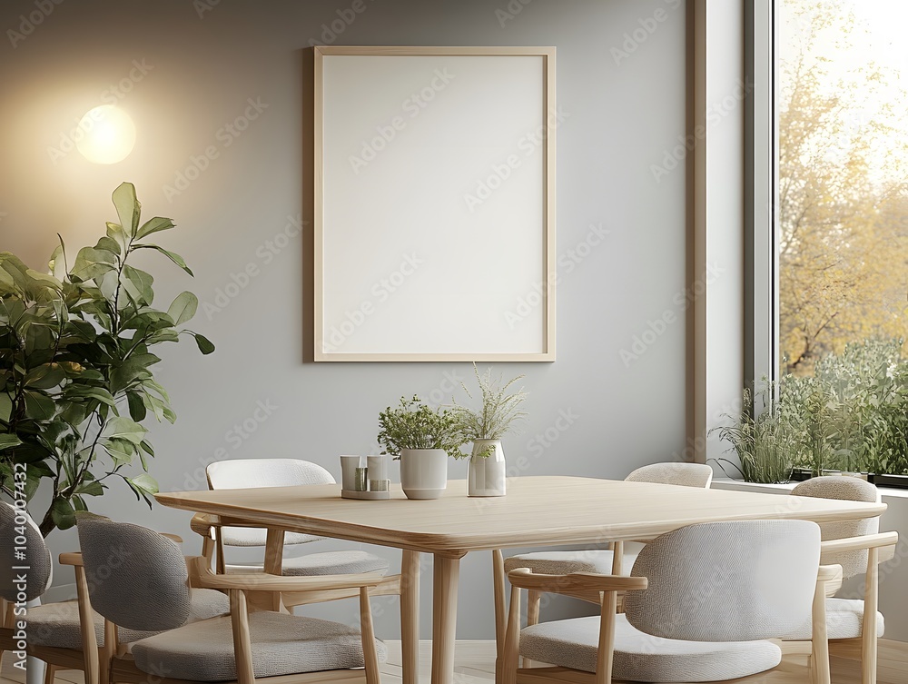 Modern Dining Room Mockup: A stylish, minimalist dining room features a large, empty vertical poster frame, perfect for showcasing your artwork or designs. The scene is serene and sophisticated. Modern Dining Room Mockup: A stylish, minimalist dining room features a large, empty vertical poster frame, perfect for showcasing your artwork or designs. The scene is serene and sophisticated.
