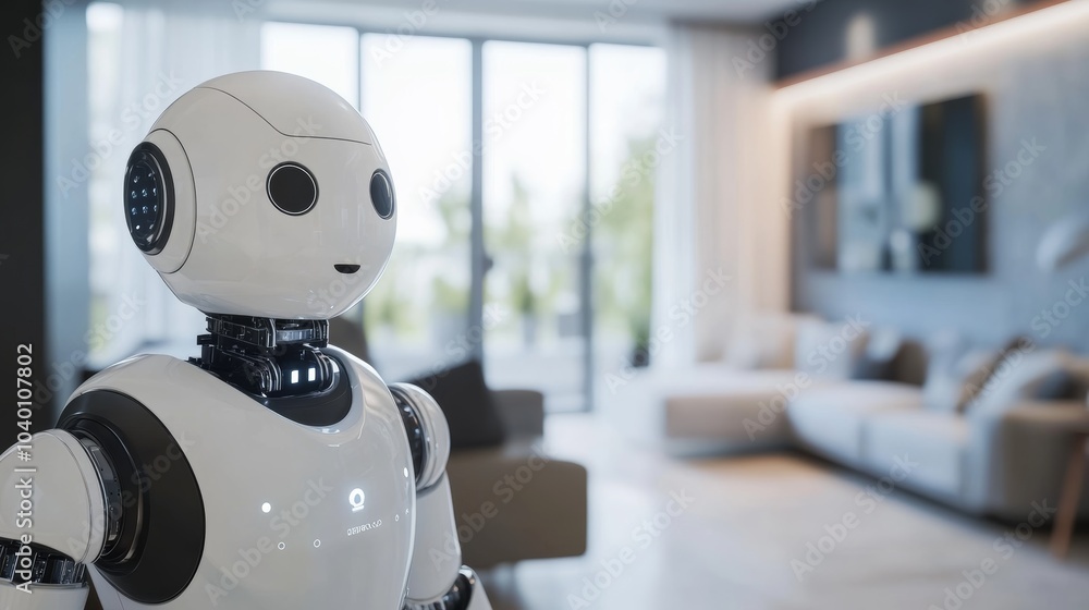 A robot facilitating smart home system integrations in a modern residential space with clean, sleek design elements and advanced home automation technology, Smart home tech style A robot facilitating smart home system integrations in a modern residential space with clean, sleek design elements and advanced home automation technology, Smart home tech style
