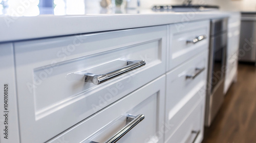 Elegant kitchen with white cabinetry  sleek drawer handles  and minimalist decor