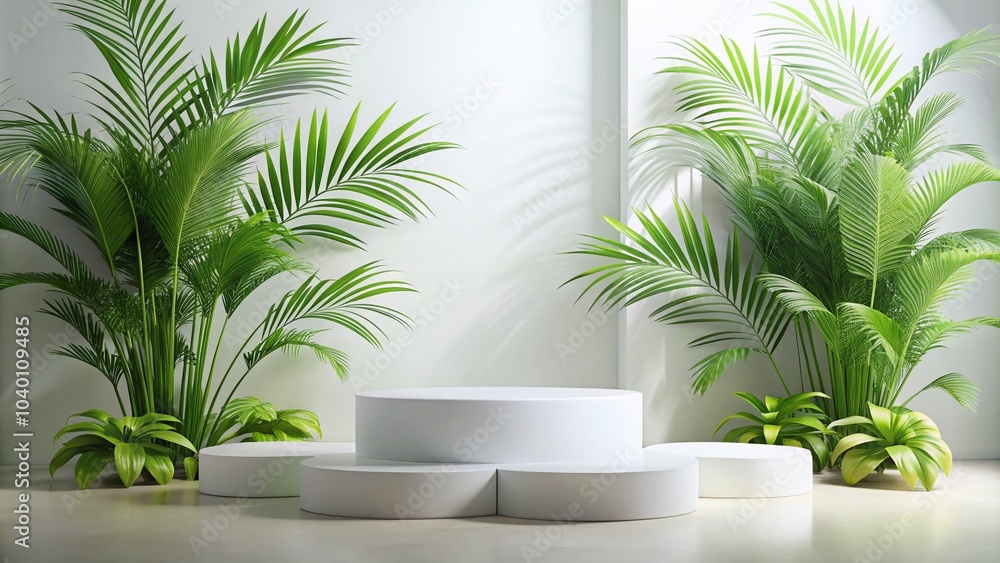 Fototapeta premium Minimalist White Podium with Palm Leaves in Bright Natural Light for Stylish Product Displays