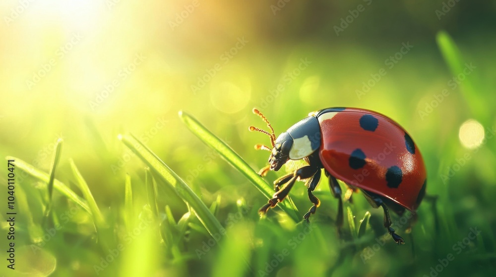 Naklejka premium ladybug crawling on a green blade of grass, with sunlight reflecting off its bright red shell