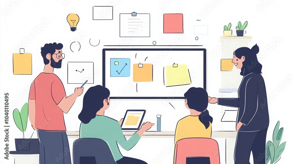 Team collaboration, brainstorming session, digital sketching, innovative ideas, interactive meeting, creative engagement, workplace dynamics Team collaboration, brainstorming session, digital sketching, innovative ideas, interactive meeting, creative engagement, workplace dynamics