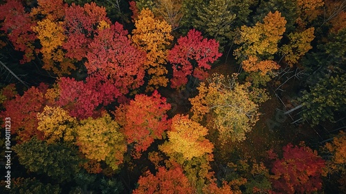 Stunning Bird’s-Eye View of Vibrant Autumn Forest in Peak Foliage Season