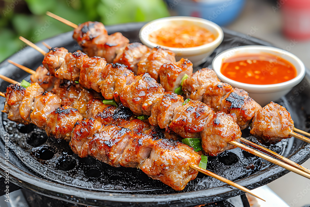 Savor the flavor a sizzling plate of grilled pork skewers with delicious dipping sauces Savor the flavor a sizzling plate of grilled pork skewers with delicious dipping sauces