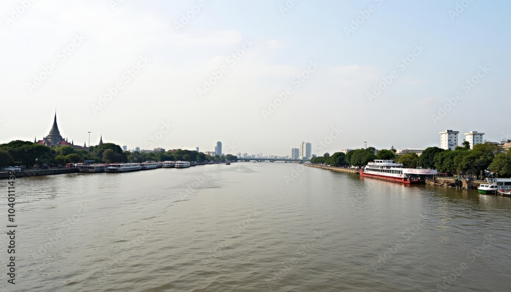 Fototapeta premium Calm waters of a city river with boats and buildings in the distance