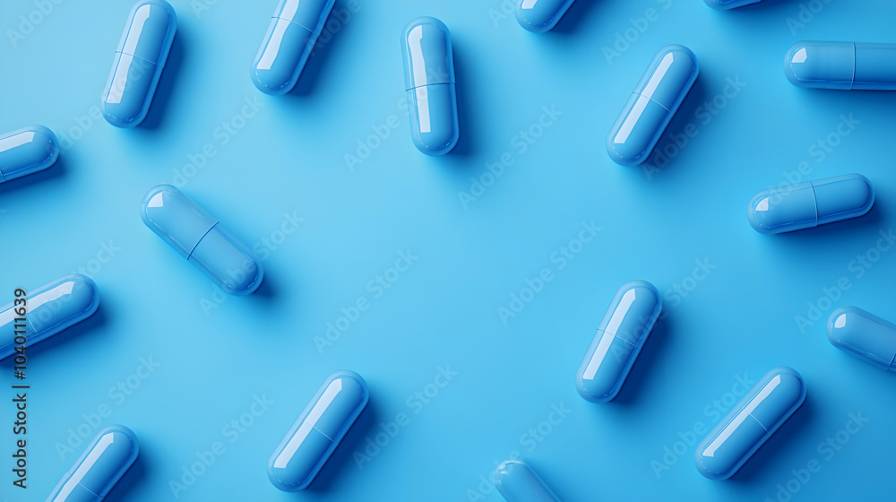 Top View of Scattered Colorful Capsules on Soft Gradient Blue Background Top View of Scattered Colorful Capsules on Soft Gradient Blue Background