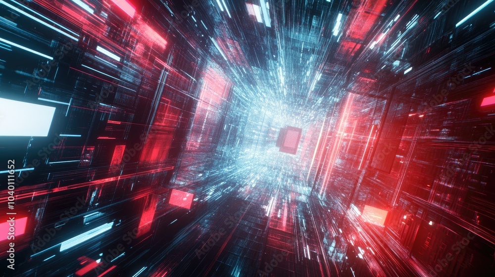 Fototapeta premium Abstract geometric patterns and glowing light paths on a high-tech digital backdrop.