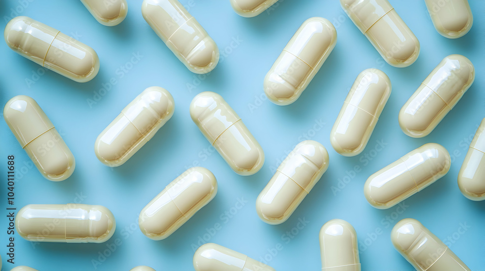Top View of Scattered Colorful Capsules on a Soft Blue Gradient Background Top View of Scattered Colorful Capsules on a Soft Blue Gradient Background