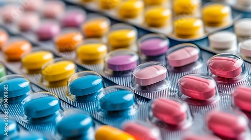 Close-up of colorful pills in blister packs.