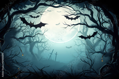 Wallpaper Mural Big full moon against the background of tree branches in the forest with bats, halloween concept, horror Torontodigital.ca