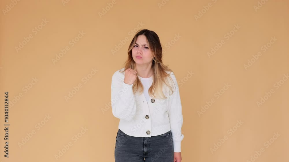 Portrait of a fury and displeased Caucasian young adult woman threatening with fist on beige background. Concept of a violence, conflict, hate. Portrait of a fury and displeased Caucasian young adult woman threatening with fist on beige background. Concept of a violence, conflict, hate.