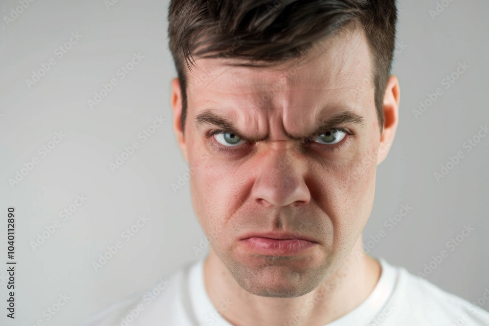 Obraz premium Furious expression of an attractive young man with intense anger, isolated in a studio setting against a neutral backdrop