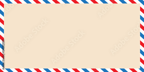 Vintage airmail envelope frame. Empty blank. Retro air mail postcard with diagonal blue and red stripes