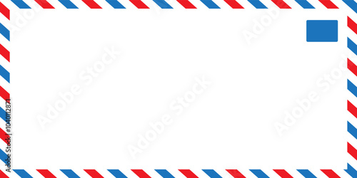 Vintage airmail envelope frame. Empty blank. Retro air mail postcard with diagonal blue and red stripes