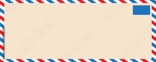 Vintage airmail envelope frame. Empty blank. Retro air mail postcard with diagonal blue and red stripes