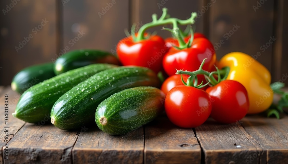 Fresh produce on rustic wooden surface Fresh produce on rustic wooden surface