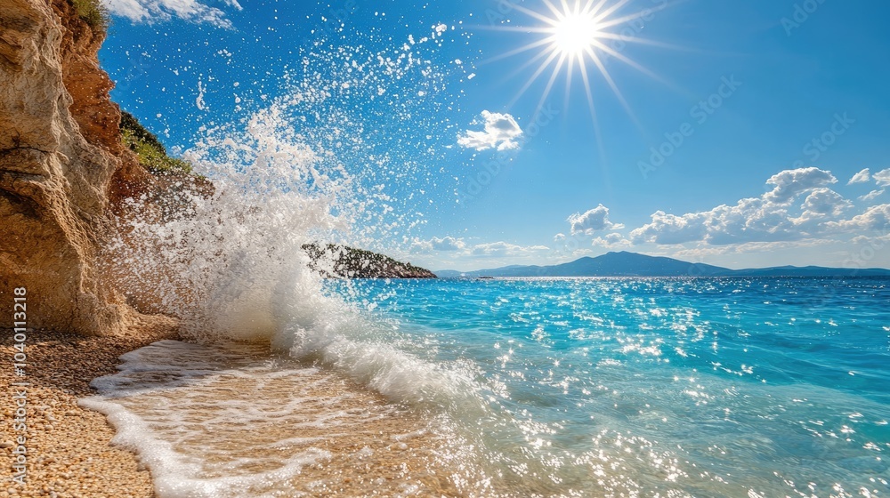 Obraz premium Beautiful Shoreline with Splashing Waves and Sunlight