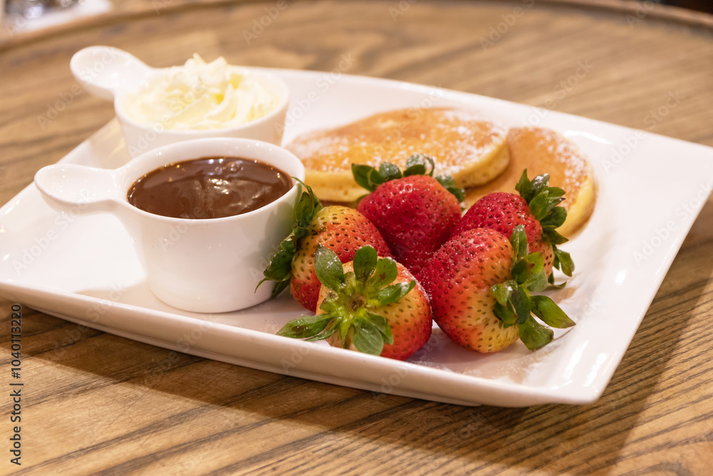 Delicious breakfast plate featuring pancakes, fresh strawberries, chocolate sauce, and whipped cream on a wooden table. Delicious breakfast plate featuring pancakes, fresh strawberries, chocolate sauce, and whipped cream on a wooden table.