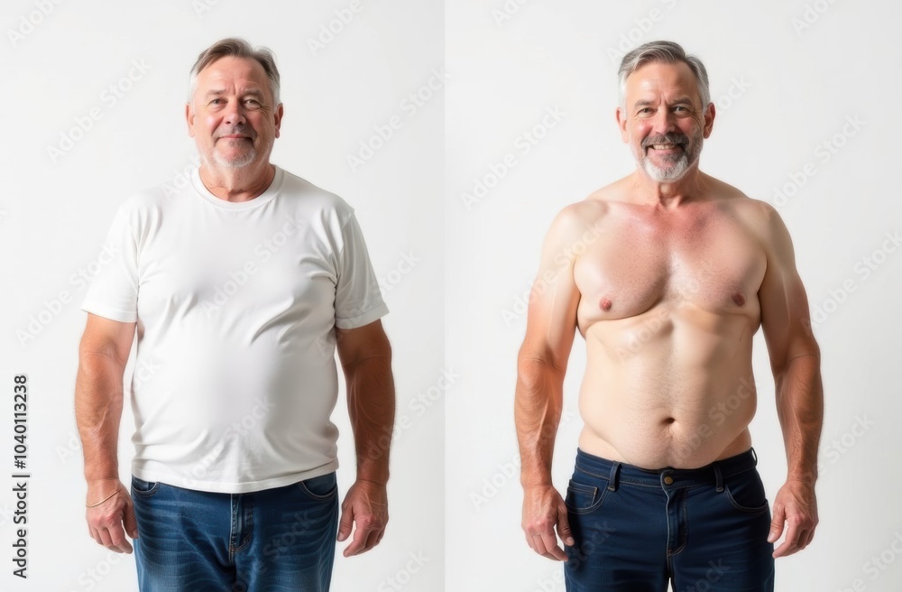 Front View Mature Man Weight Loss Before and After, White Background Front View Mature Man Weight Loss Before and After, White Background
