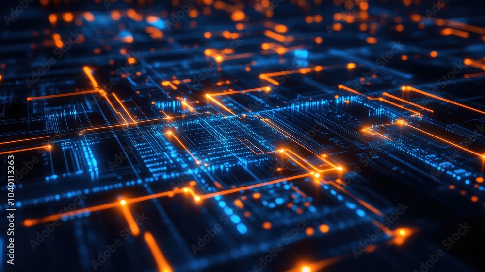 Abstract neon circuitry pattern with glowing data points on a tech process background. Abstract neon circuitry pattern with glowing data points on a tech process background.