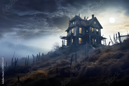 Old abandoned scary house against the background of the full moon photo