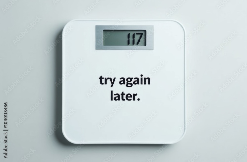 A humorous image of a scale displaying the message 'Try Again Later' instead of a number, symbolizing the frustration and challenges of weight management. The background is simple and light A humorous image of a scale displaying the message 'Try Again Later' instead of a number, symbolizing the frustration and challenges of weight management. The background is simple and light