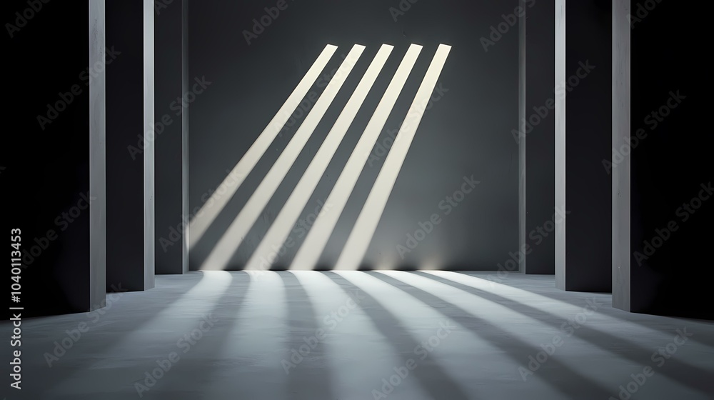 The image shows a room with four pillars on either side and light shining through the ceiling illuminating the floor.The image is of a room with four pillars on either side lit by four parallel beams The image shows a room with four pillars on either side and light shining through the ceiling illuminating the floor.The image is of a room with four pillars on either side lit by four parallel beams