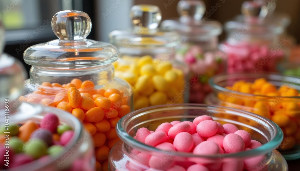 A rainbow of candy delights in glass jars A rainbow of candy delights in glass jars
