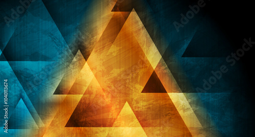 Bright golden and blue low poly grunge glossy geometric background. Abstract retro vector design photo