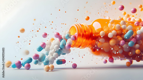 Colorful Capsules Tumbling Out of a Pharmacy Bottle on a White Background photo