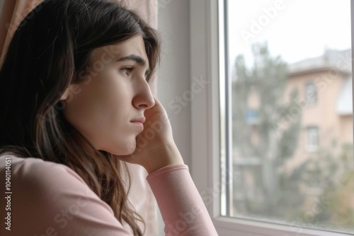 Free Download A young woman's contemplative gaze from her home window reveals the quiet battles of her mind during a gloomy afternoon - GFXLoad