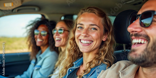 Smiling Friends Enjoying a Road Trip Together