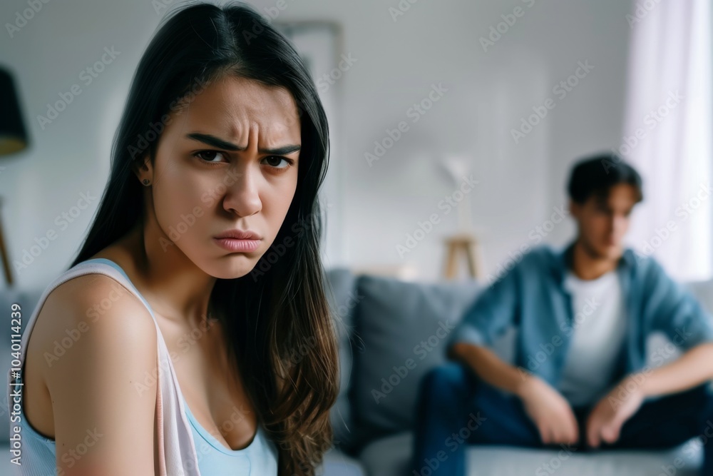 Fototapeta premium A beautiful brunette girl expresses disappointment during a quarrel with her boyfriend in a cozy living room setting