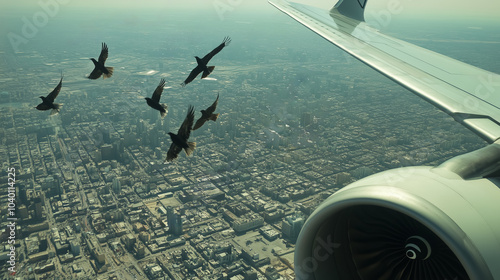 A group of birds flying over a city. The birds are flying in a formation and are close to an airplane