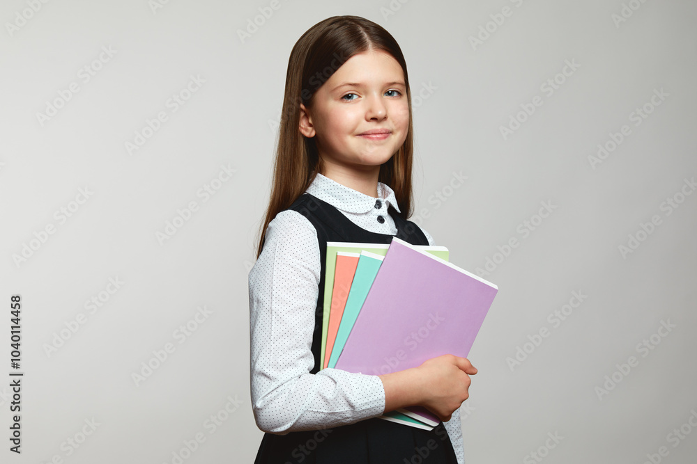 Portrait of happy positive pupil girl in school uniform carrying textbook and looking at camera against white background. Back to school concept Portrait of happy positive pupil girl in school uniform carrying textbook and looking at camera against white background. Back to school concept