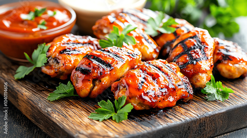 Delicious grilled chicken wings marinated in a sweet and spicy glaze for the perfect bbq experience photo