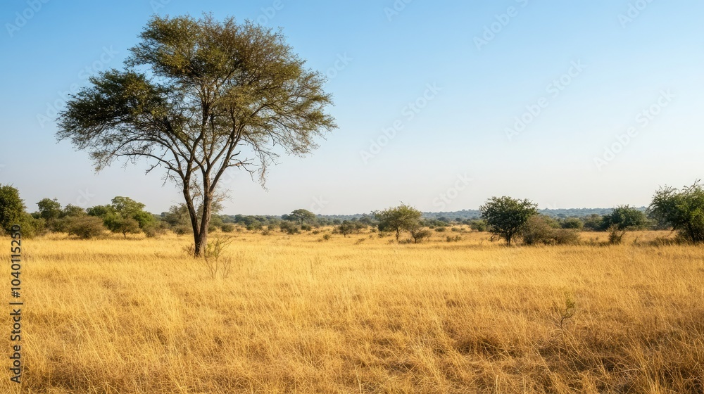 African bushveld with dry grass and scattered trees, leaving room for copy. African bushveld with dry grass and scattered trees, leaving room for copy.