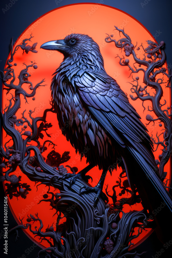 Fototapeta premium Dramatic illustration of a raven perched on twisted branches, set against a glowing red full moon, evoking a dark and mysterious atmosphere