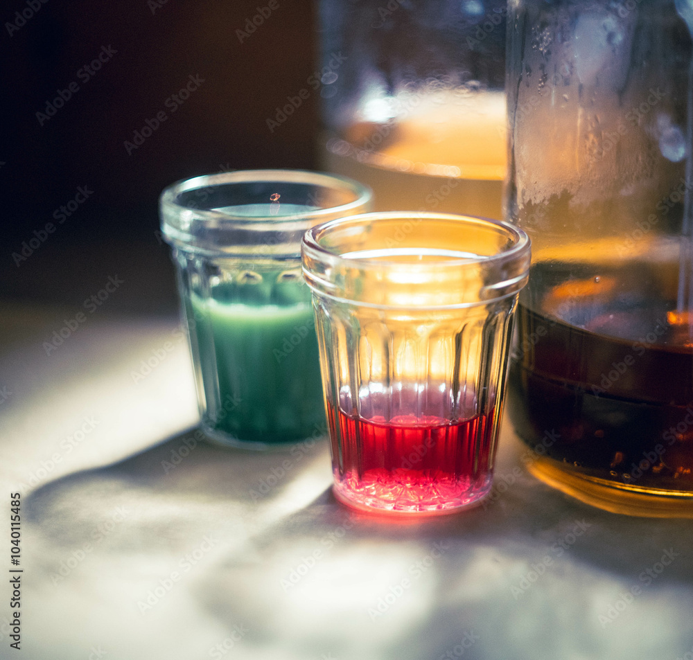 small glass of colorful liquid small glass of colorful liquid